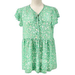 Haptics Blouse Womens S Green Floral Print Flutter Sleeves Buttons Ribbon Tie